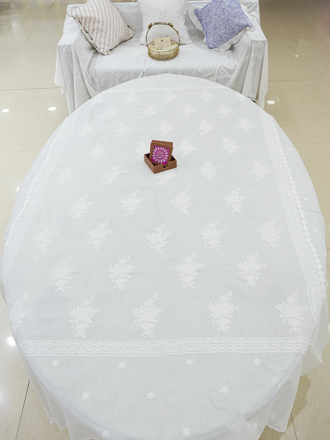 Ada Hand Embroidered White Cotton Lucknowi Chikankari Linen Table Cover 01A520110