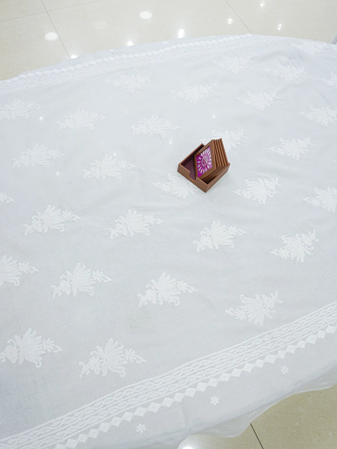 Ada Hand Embroidered White Cotton Lucknowi Chikankari Linen Table Cover 01A520110