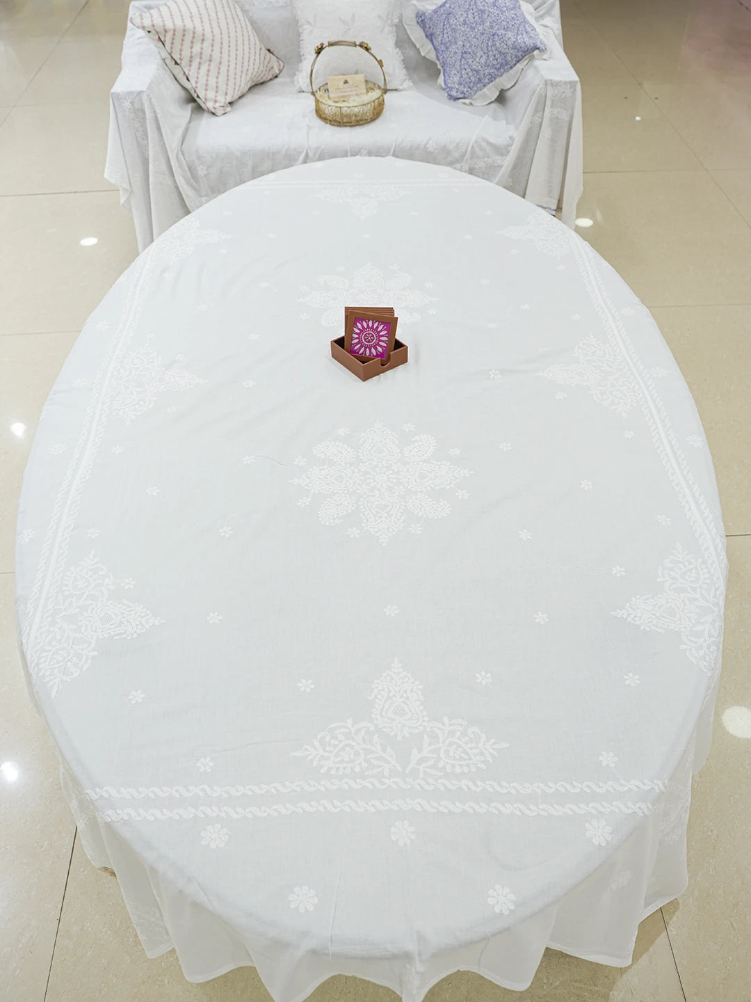 Ada Hand Embroidered White Cotton Lucknowi Chikankari Linen Table Cover 01A627739