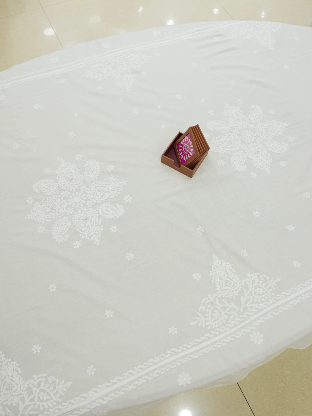 Ada Hand Embroidered White Cotton Lucknowi Chikankari Linen Table Cover 01A627739