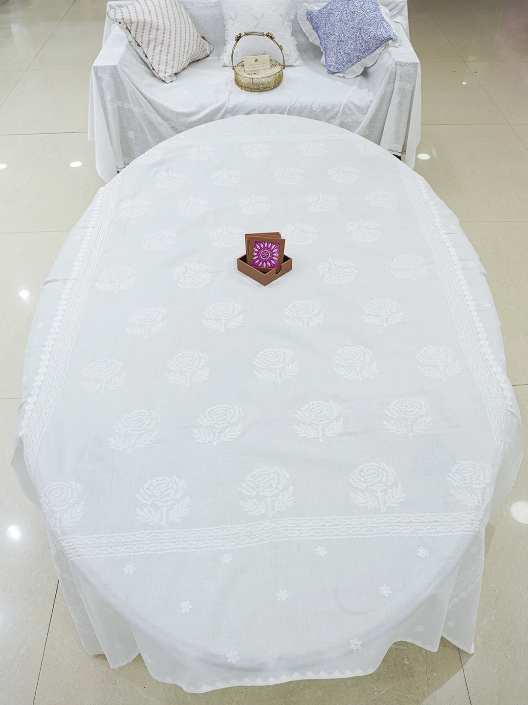 Ada Hand Embroidered White Cotton Lucknowi Chikankari Linen Table Cover 01A475094