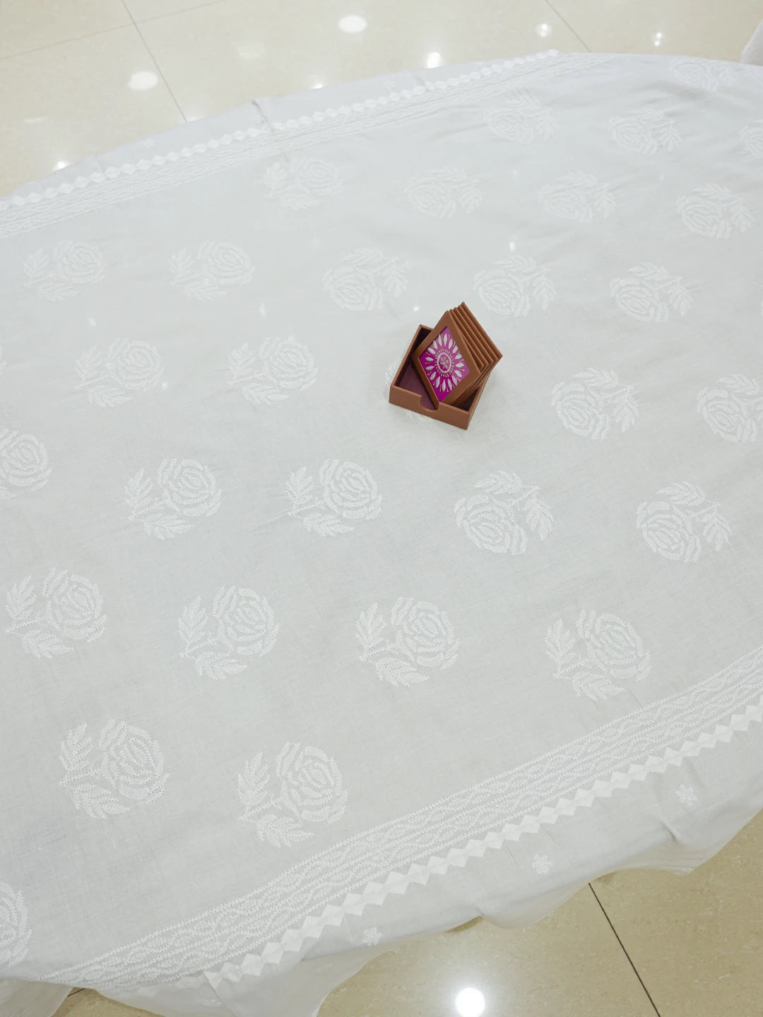 Ada Hand Embroidered White Cotton Lucknowi Chikankari Linen Table Cover 01A475094