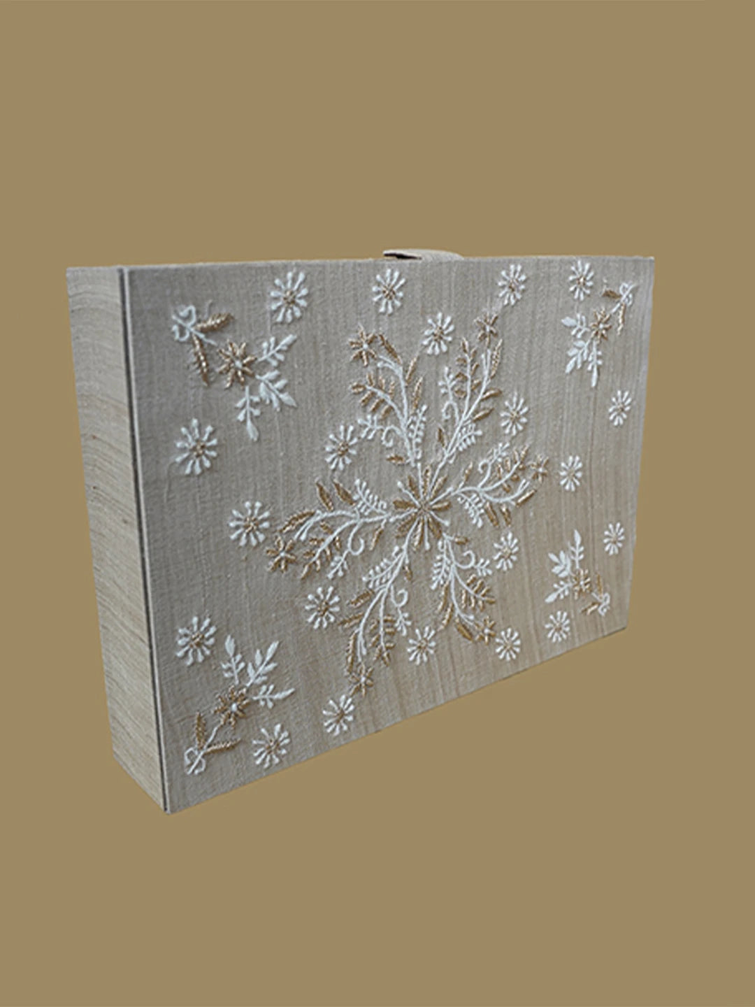 Ada Hand Embroidered Fawn Silk Lucknowi Chikankari Jewellery Box With Zari Work 01A629659