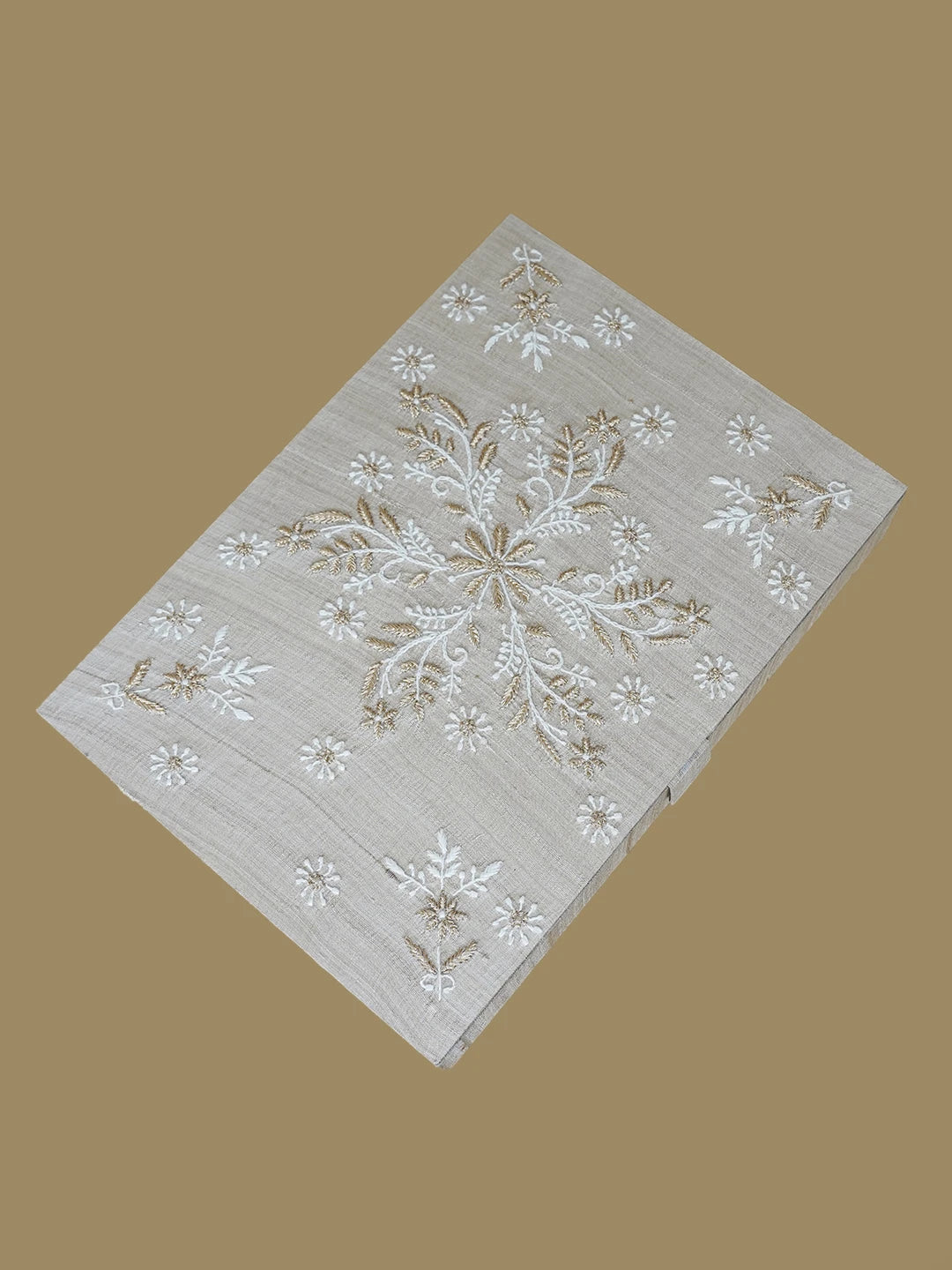 Ada Hand Embroidered Fawn Silk Lucknowi Chikankari Jewellery Box With Zari Work 01A629659