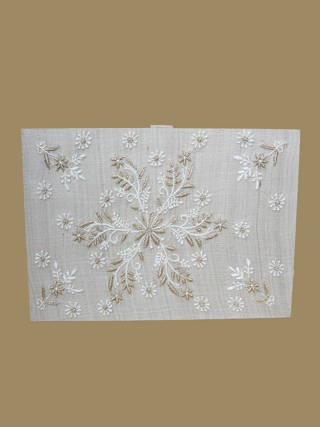 Ada Hand Embroidered Fawn Silk Lucknowi Chikankari Jewellery Box With Zari Work 01A629659