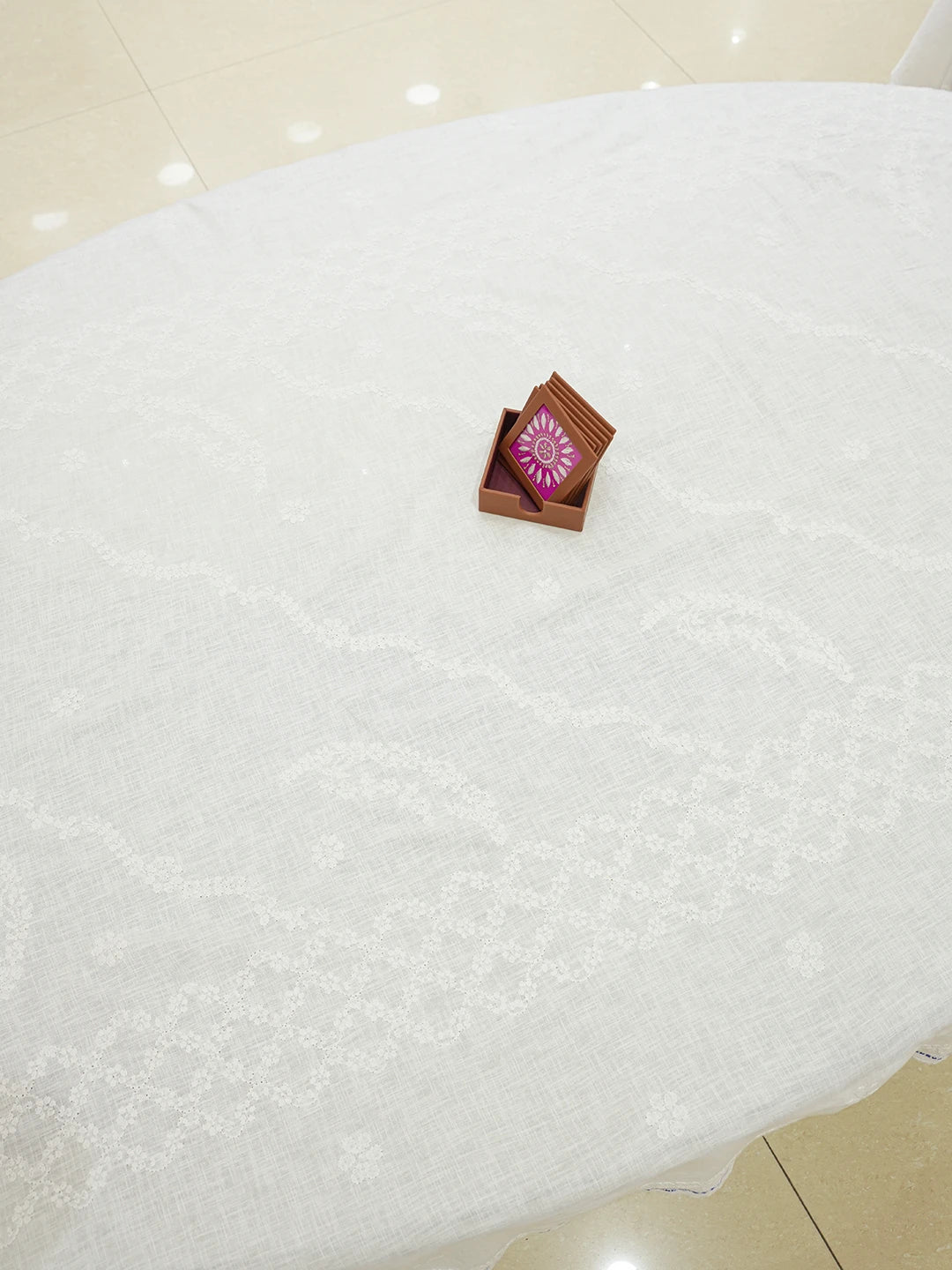 Ada Hand Embroidered White Cotton Lucknowi Chikankari Linen Table Cover 01A627746