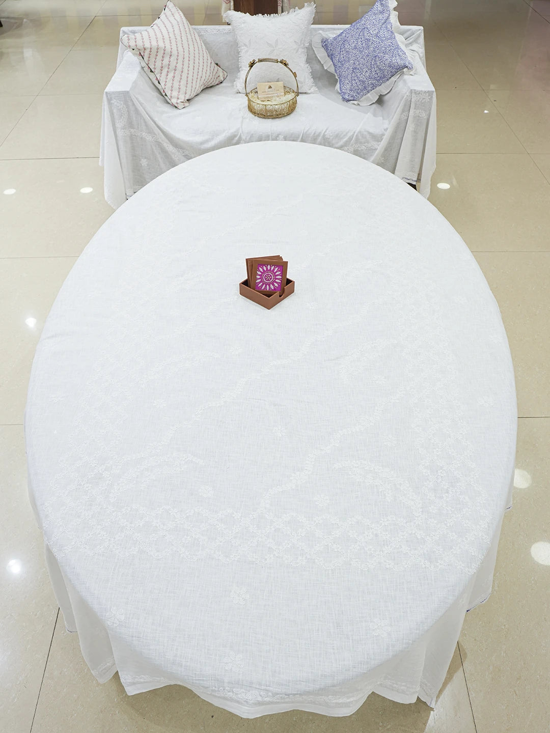 Ada Hand Embroidered White Cotton Lucknowi Chikankari Linen Table Cover 01A627746