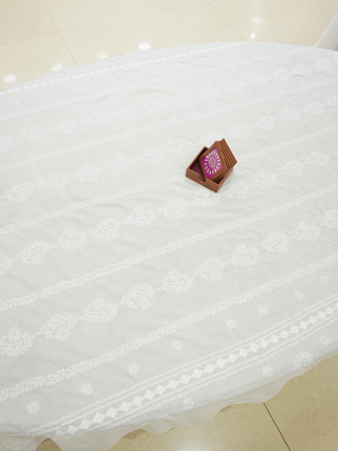 Ada Hand Embroidered White Cotton Lucknowi Chikankari Linen Table Cover 01A37267