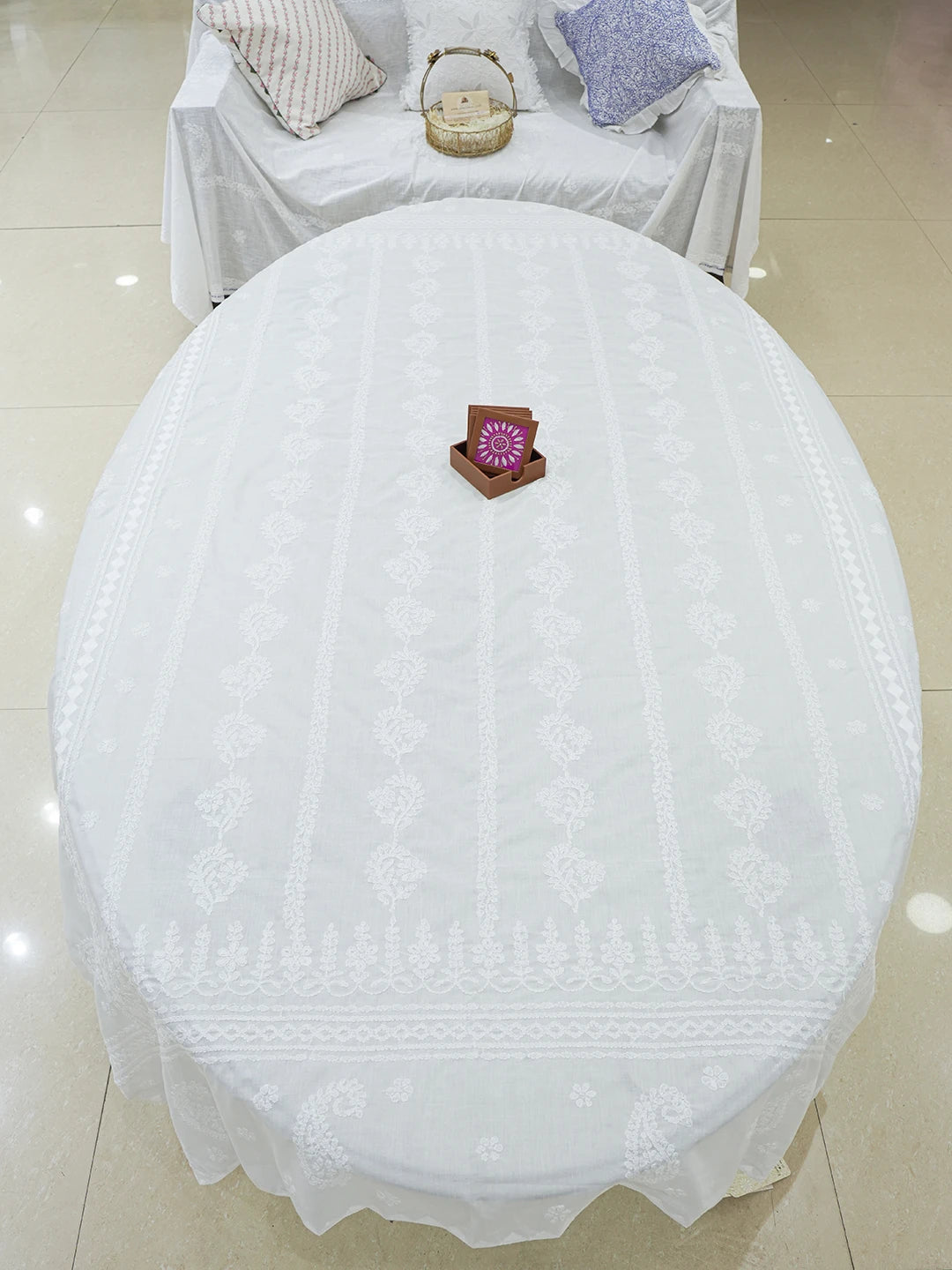 Ada Hand Embroidered White Cotton Lucknowi Chikankari Linen Table Cover 01A37267