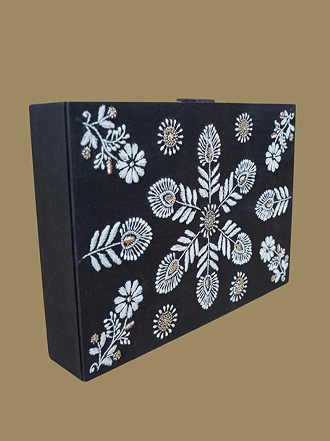 Ada Hand Embroidered Black Silk Lucknowi Chikankari Jewellery Box With Zari Work 01A629655