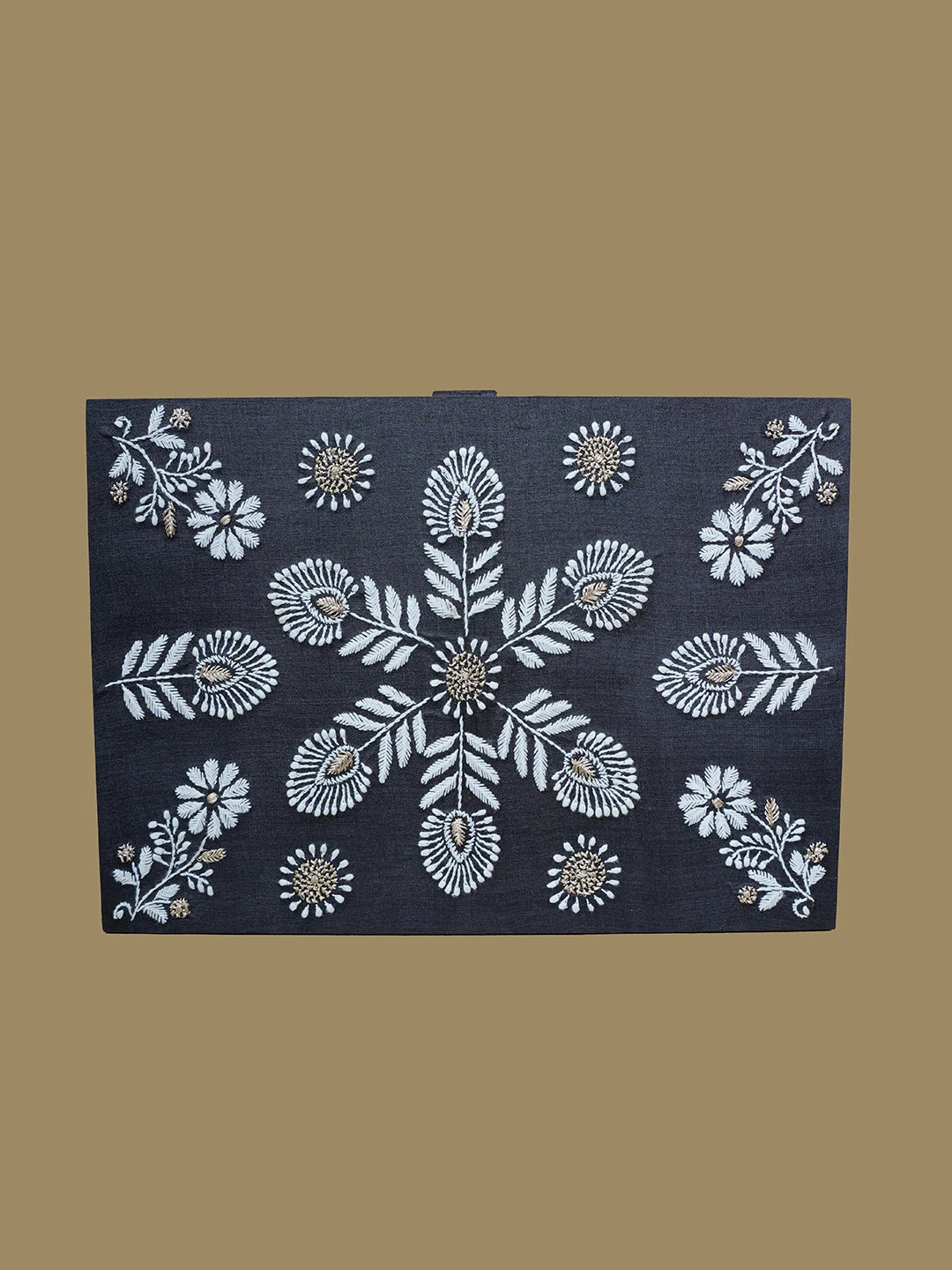 Ada Hand Embroidered Black Silk Lucknowi Chikankari Jewellery Box With Zari Work 01A629655