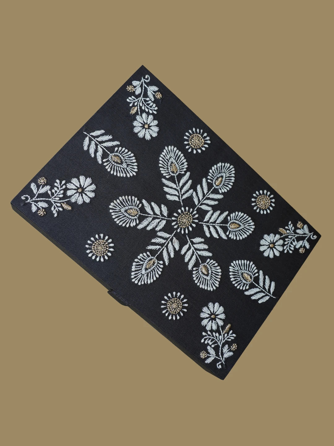 Ada Hand Embroidered Black Silk Lucknowi Chikankari Jewellery Box With Zari Work 01A629655