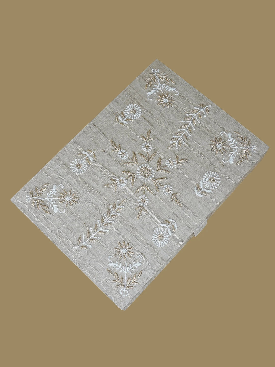 Ada Hand Embroidered Fawn Silk Lucknowi Chikankari Jewellery Box With Zari Work 01A617849