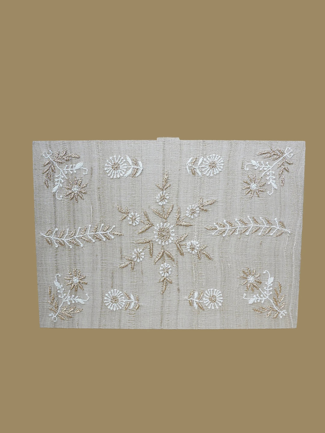 Ada Hand Embroidered Fawn Silk Lucknowi Chikankari Jewellery Box With Zari Work 01A617849