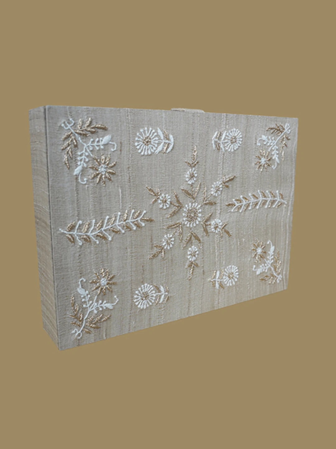 Ada Hand Embroidered Fawn Silk Lucknowi Chikankari Jewellery Box With Zari Work 01A617849