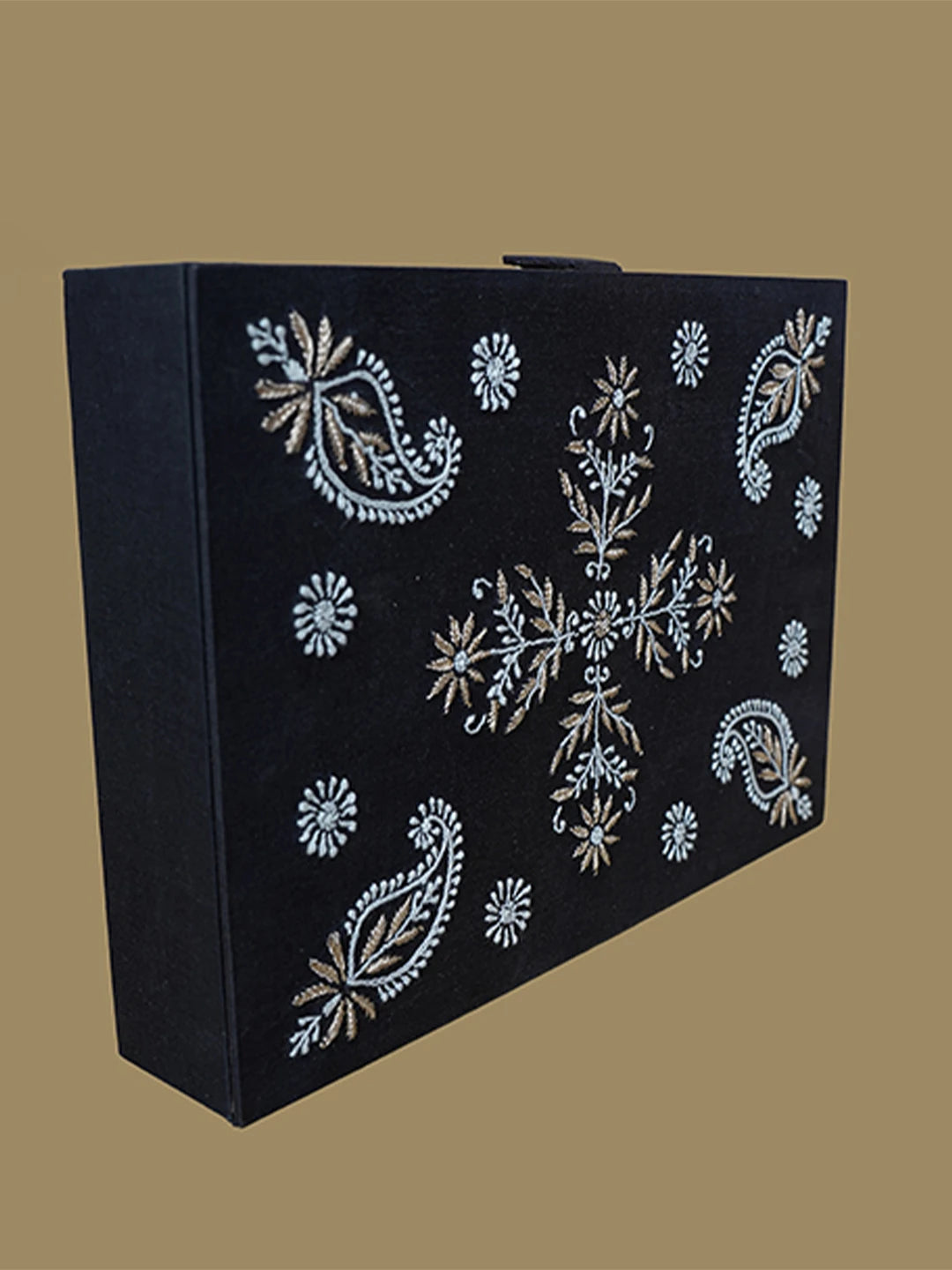 Ada Hand Embroidered Black Silk Lucknowi Chikankari Jewellery Box With Zari Work 01A626620