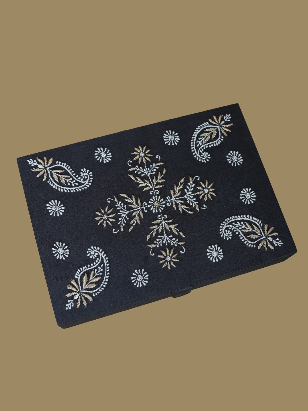 Ada Hand Embroidered Black Silk Lucknowi Chikankari Jewellery Box With Zari Work 01A626620