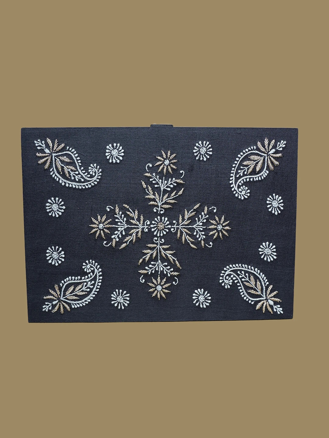 Ada Hand Embroidered Black Silk Lucknowi Chikankari Jewellery Box With Zari Work 01A626620