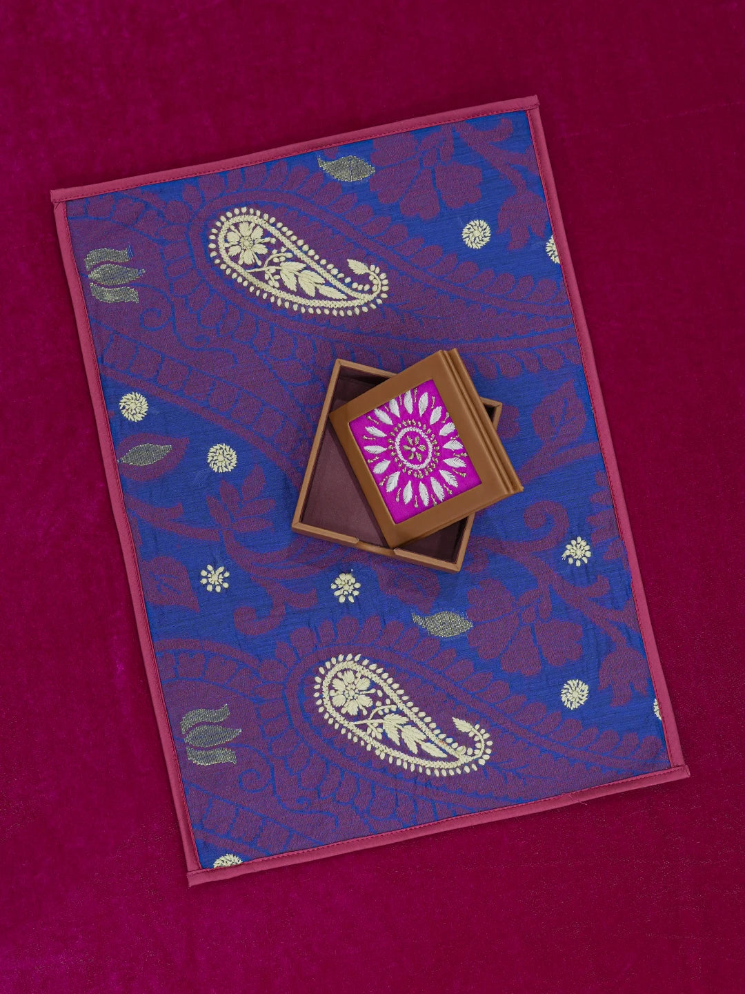 Ada Hand Embroidered Royal Blue Floral Printed Chanderi Lucknowi Chikankari Dining Table Placemat 01A620349