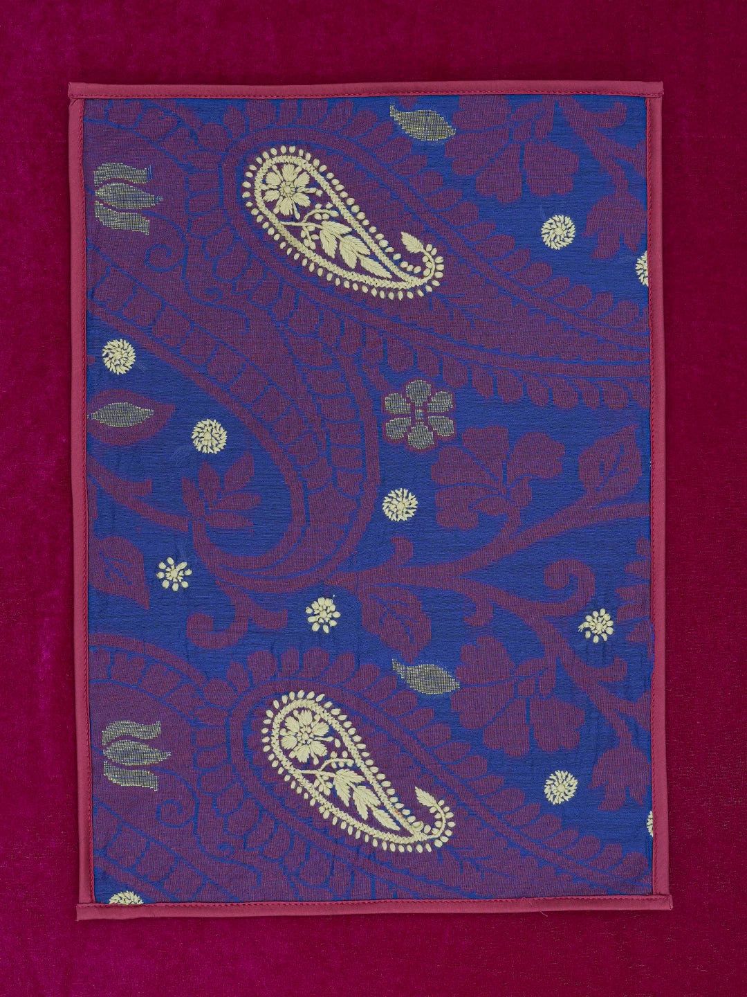 Ada Hand Embroidered Royal Blue Floral Printed Chanderi Lucknowi Chikankari Dining Table Placemat 01A620349