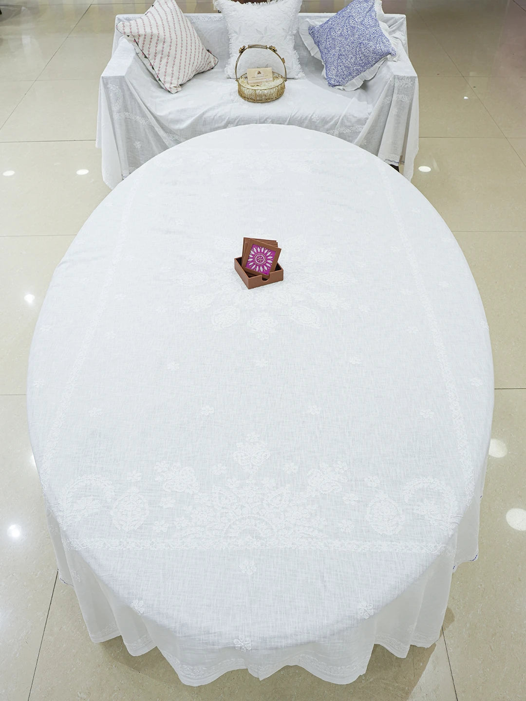 Ada Hand Embroidered White Cotton Lucknowi Chikankari Linen Table Cover 01A627730