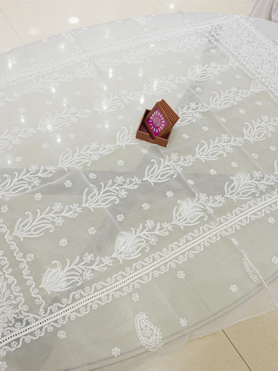 Ada Hand Embroidered White Organza Lucknowi Chikankari Linen Table Cover A587179