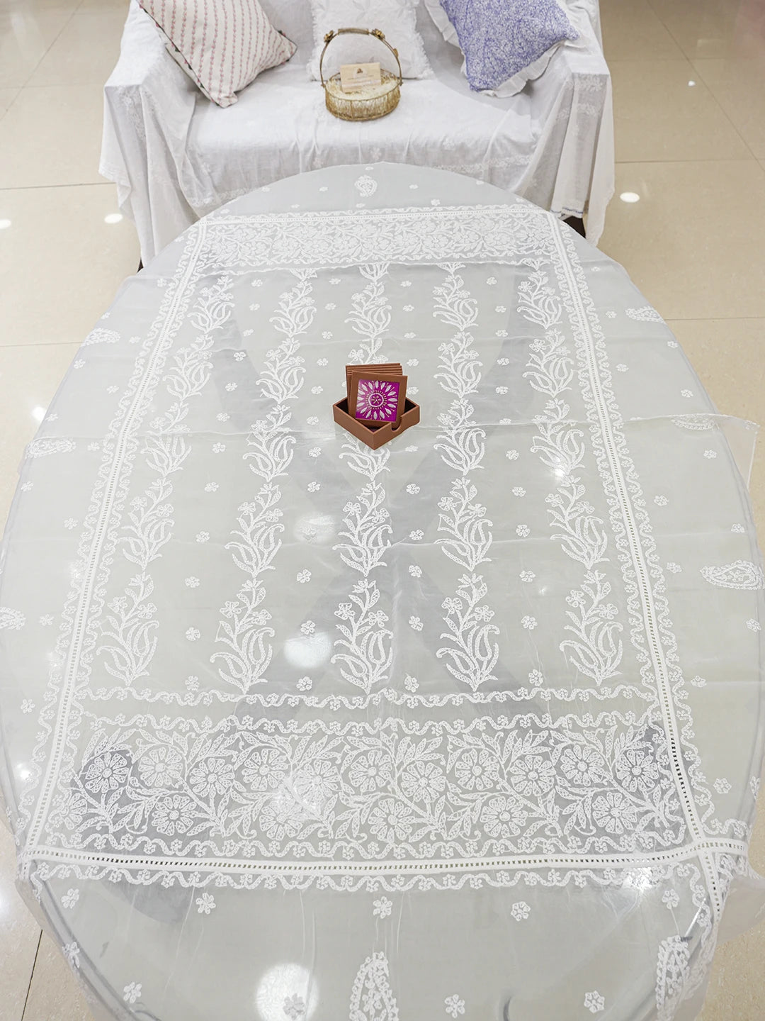 Ada Hand Embroidered White Organza Lucknowi Chikankari Linen Table Cover A587179