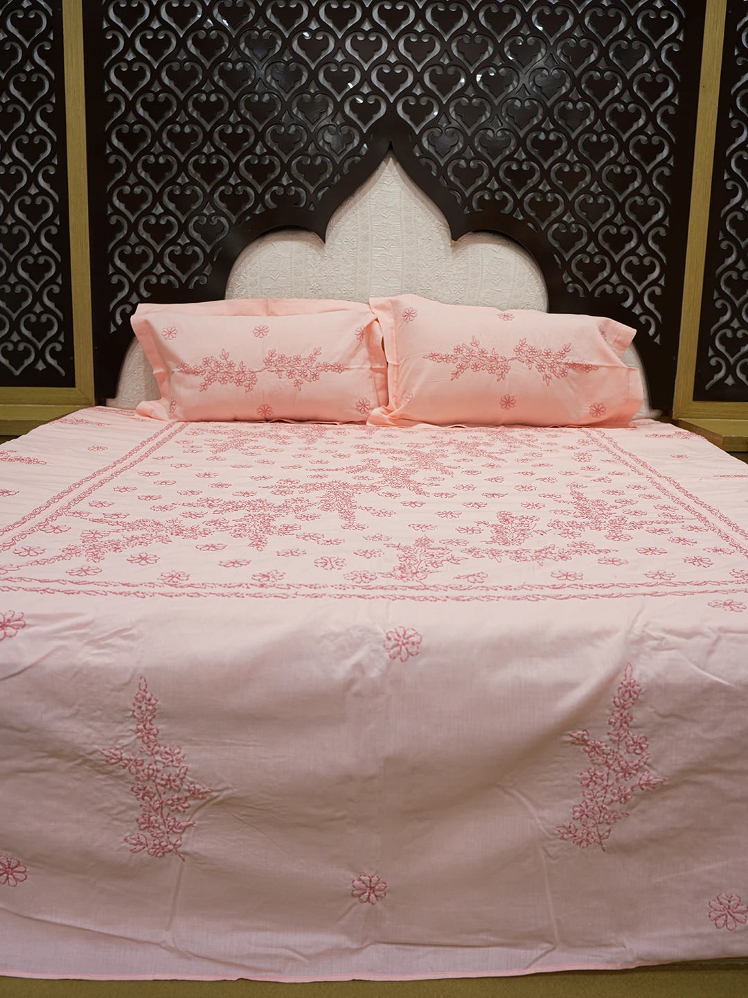 Ada Hand Embroidered Peach Cotton Lucknowi Chikankari Bed Sheet With Pillow Cover Set 01A608530