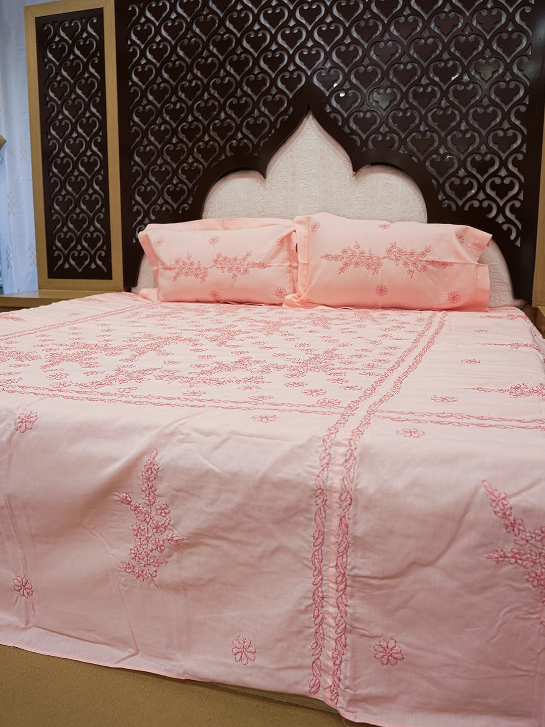 Ada Hand Embroidered Peach Cotton Lucknowi Chikankari Bed Sheet With Pillow Cover Set 01A608530