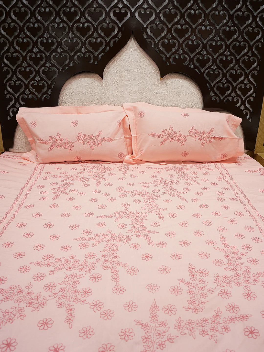 Ada Hand Embroidered Peach Cotton Lucknowi Chikankari Bed Sheet With Pillow Cover Set 01A608530