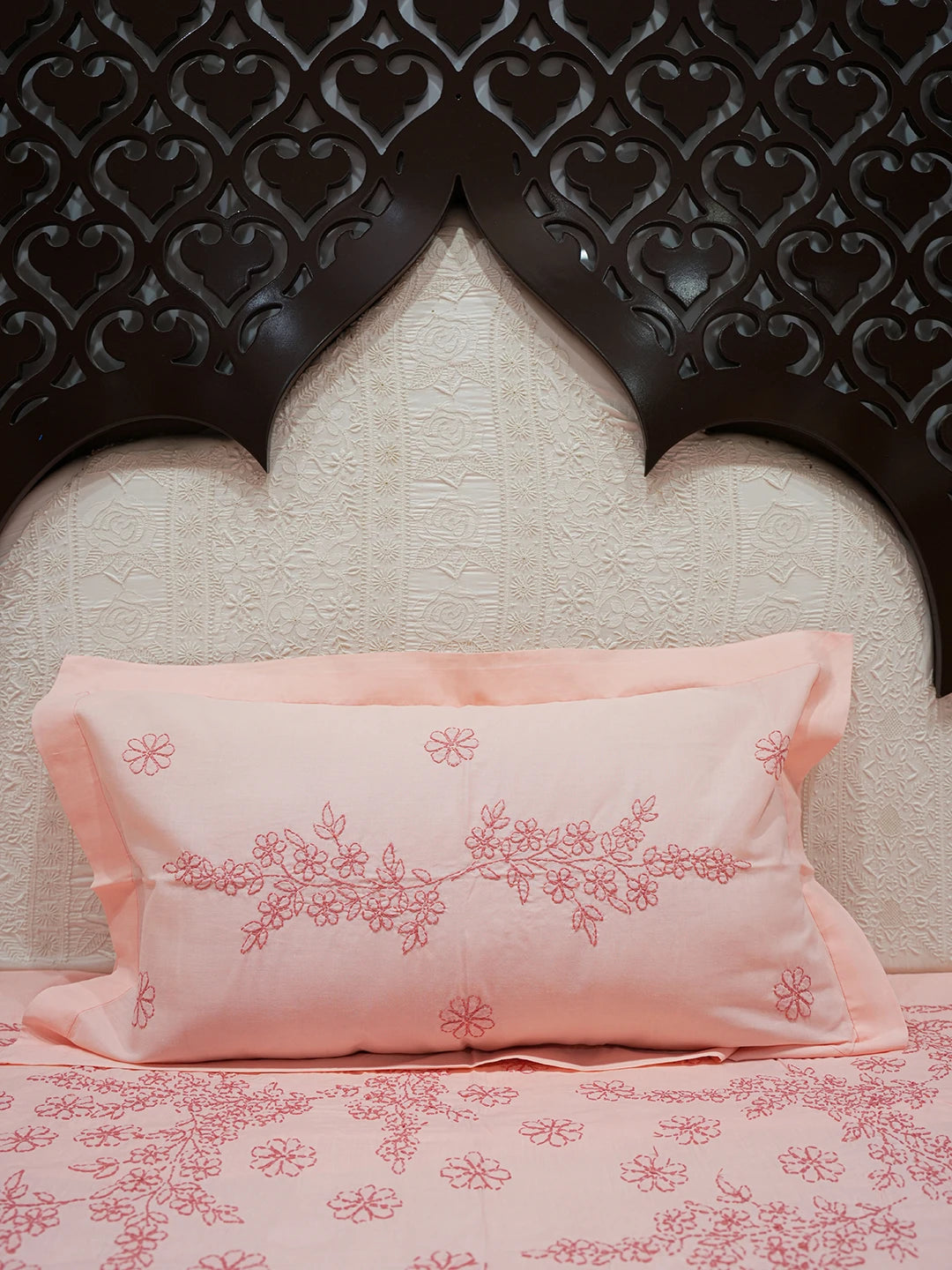 Ada Hand Embroidered Peach Cotton Lucknowi Chikankari Bed Sheet With Pillow Cover Set 01A608530