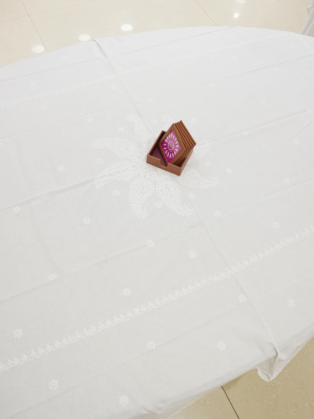 Ada Hand Embroidered White Cotton Lucknowi Chikankari Linen Table Cover A585754