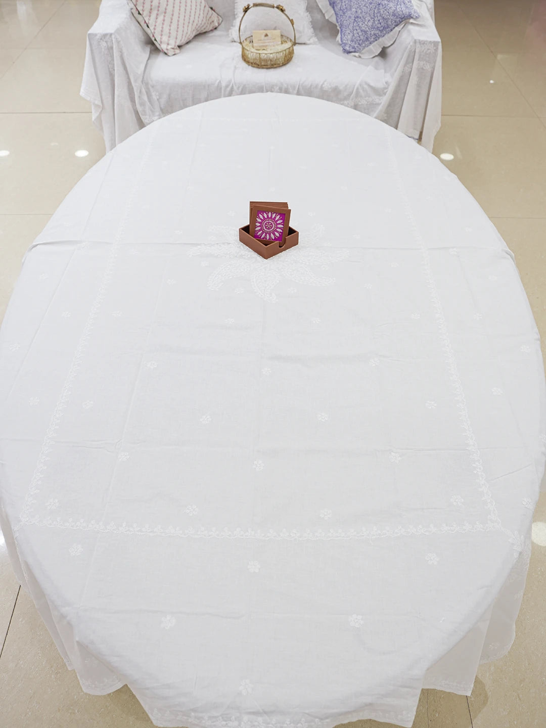 Ada Hand Embroidered White Cotton Lucknowi Chikankari Linen Table Cover A585754