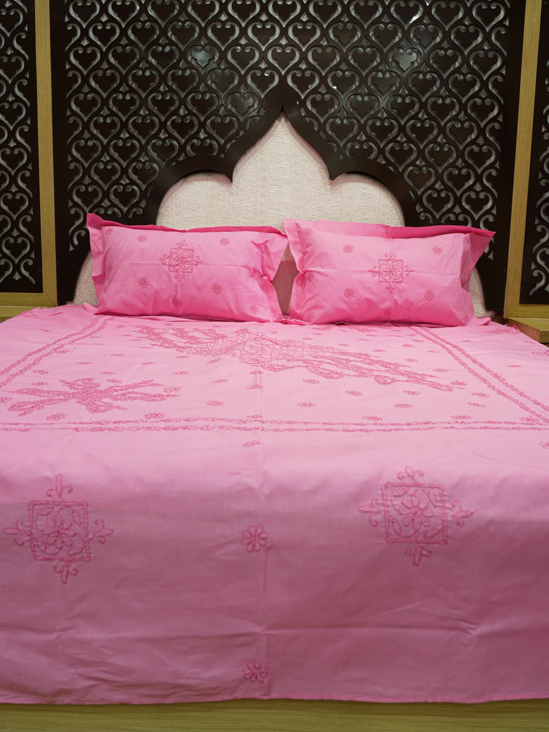 Ada Hand Embroidered Pink Cotton Lucknowi Chikankari Bed Sheet With Pillow Cover Set 01A376925