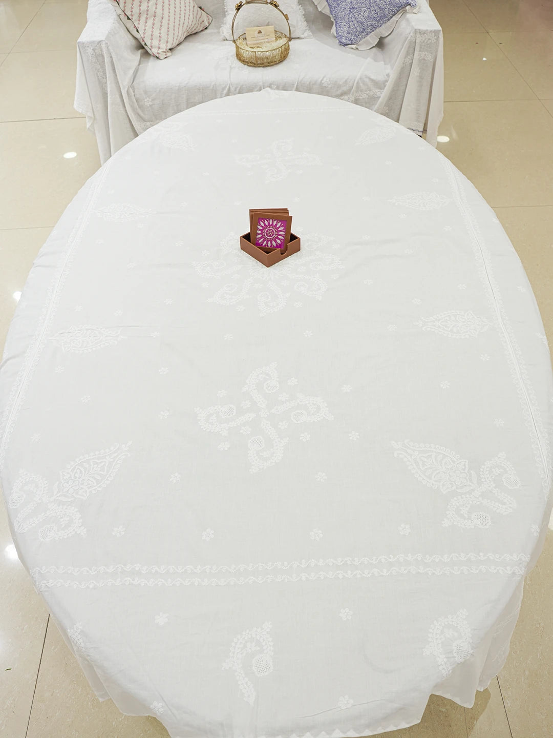 Ada Hand Embroidered White Cotton Lucknowi Chikankari Linen Table Cover A103985
