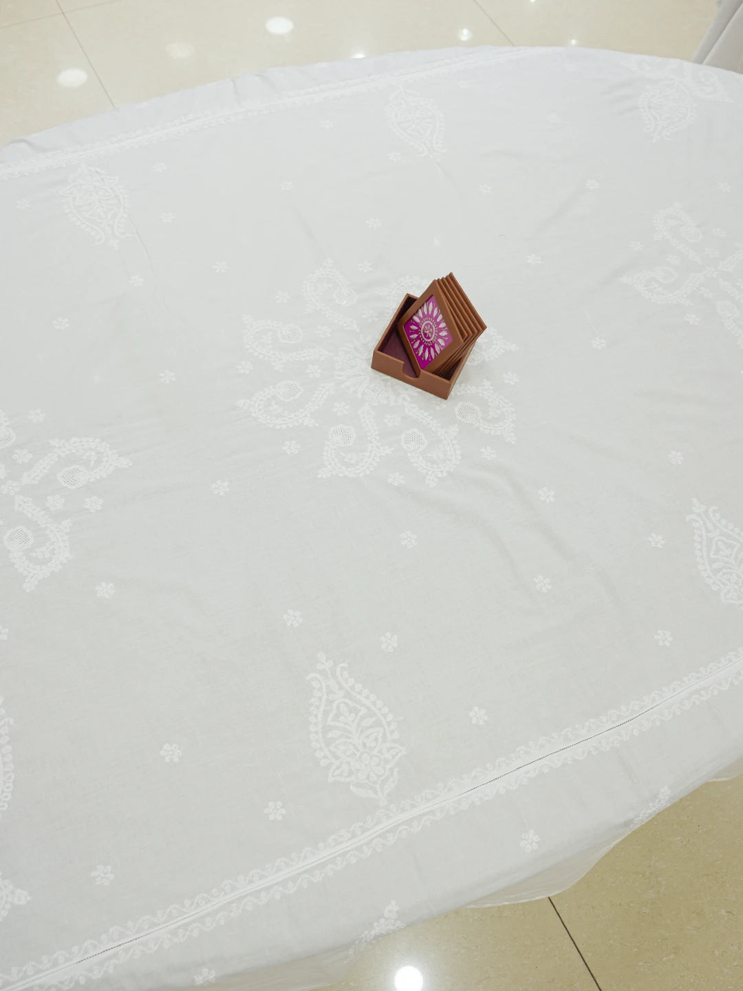 Ada Hand Embroidered White Cotton Lucknowi Chikankari Linen Table Cover A103985