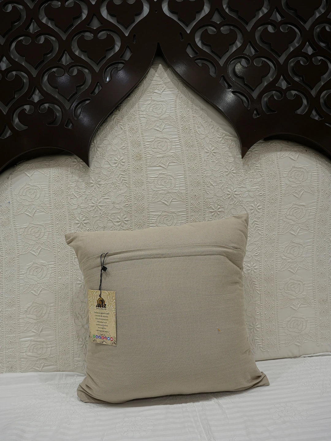 Ada Hand Embroidered Fawn Cotton Lucknowi Chikankari Cushion Cover 01A631672