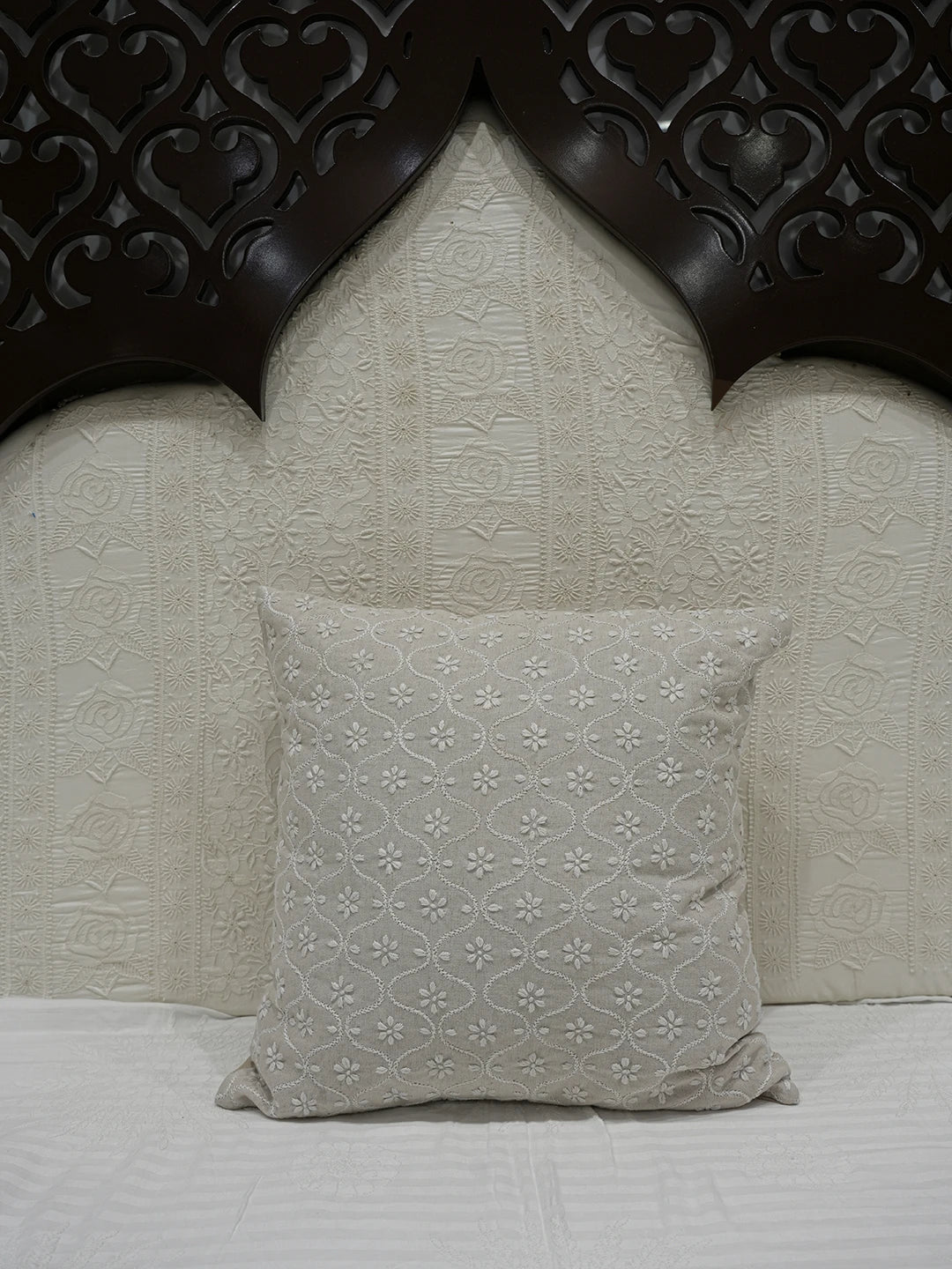 Ada Hand Embroidered Fawn Cotton Lucknowi Chikankari Cushion Cover 01A631672