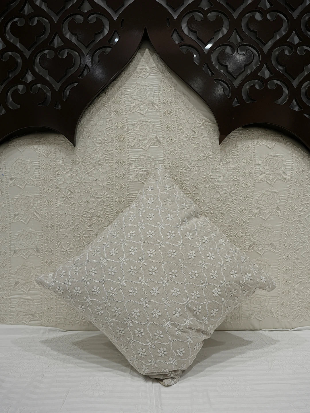 Ada Hand Embroidered Fawn Cotton Lucknowi Chikankari Cushion Cover 01A631672