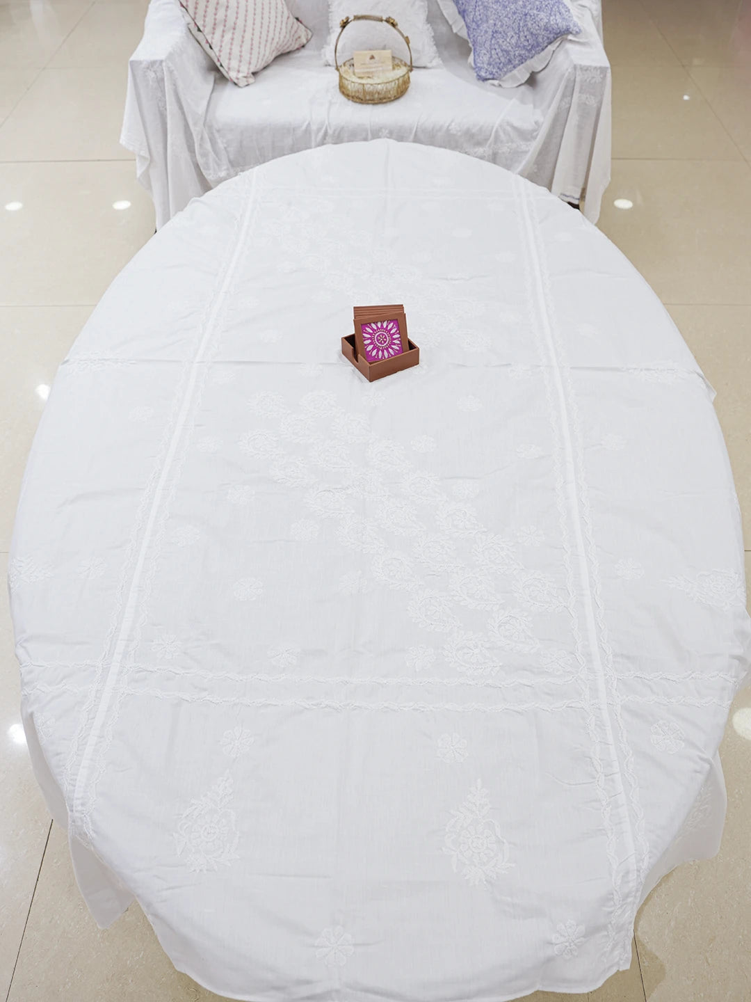 Ada Hand Embroidered White Cotton Lucknowi Chikankari Linen Table Cover 01A320503
