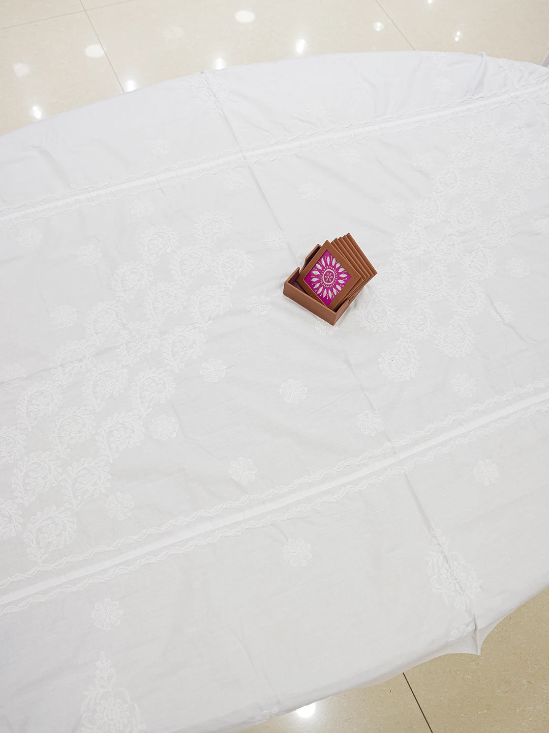 Ada Hand Embroidered White Cotton Lucknowi Chikankari Linen Table Cover 01A320503