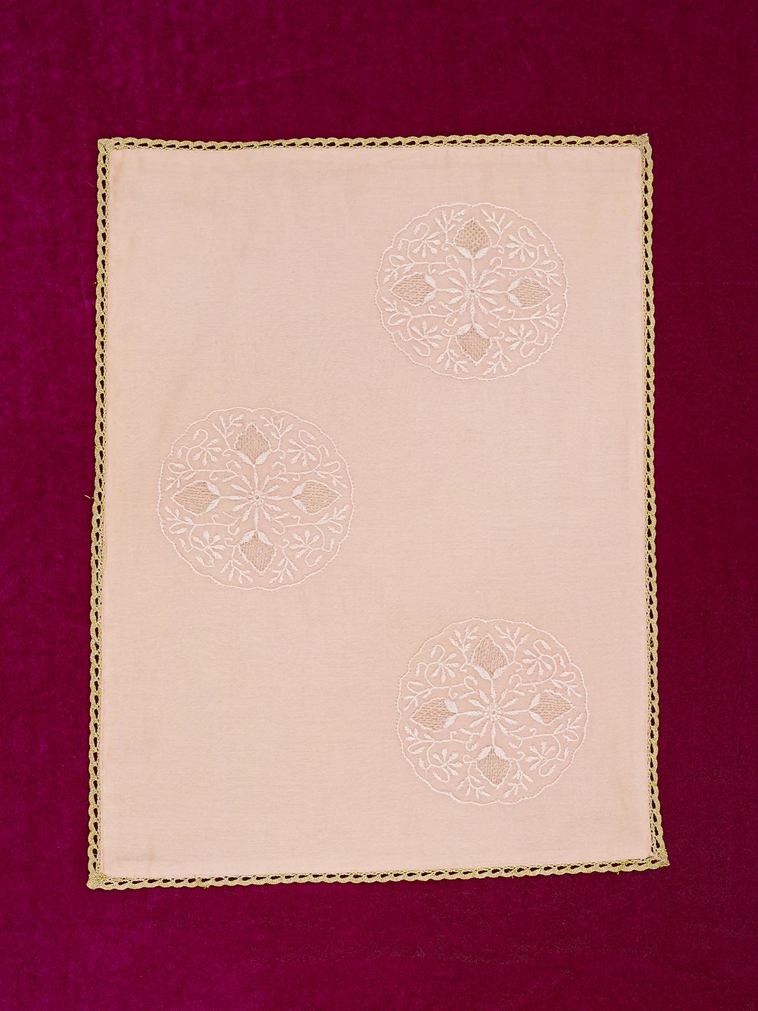 Ada Hand Embroidered Peach Chanderi Lucknowi Chikankari Dining Table Placemat With Zari Work 01A650130