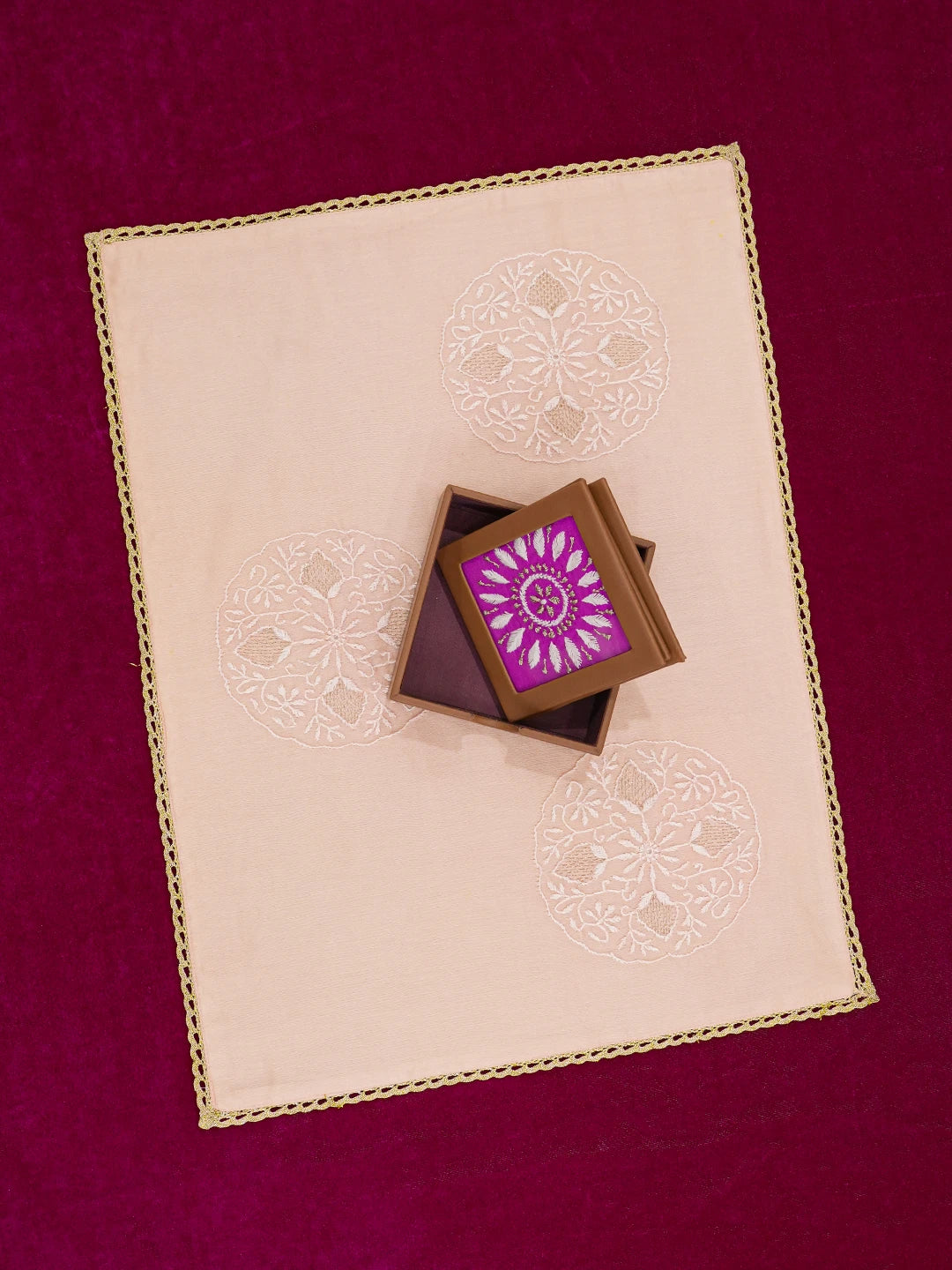 Ada Hand Embroidered Peach Chanderi Lucknowi Chikankari Dining Table Placemat With Zari Work 01A650130