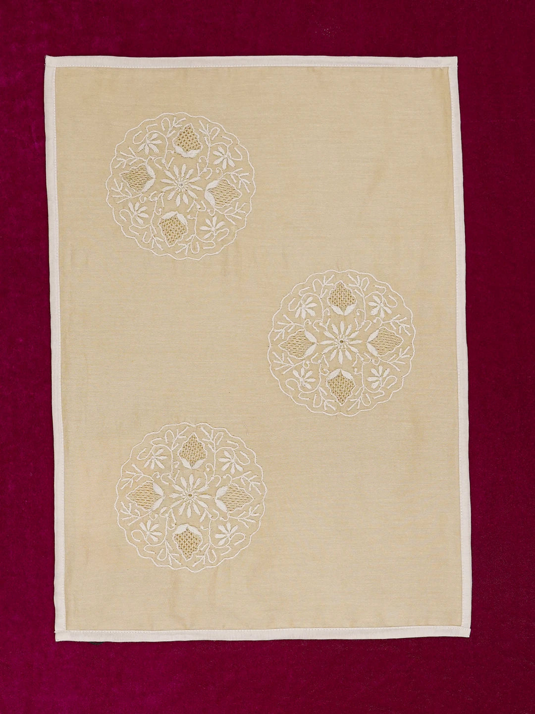 Ada Hand Embroidered Fawn Chanderi Lucknowi Chikankari Dining Table Placemat With Zari Work 01A629976