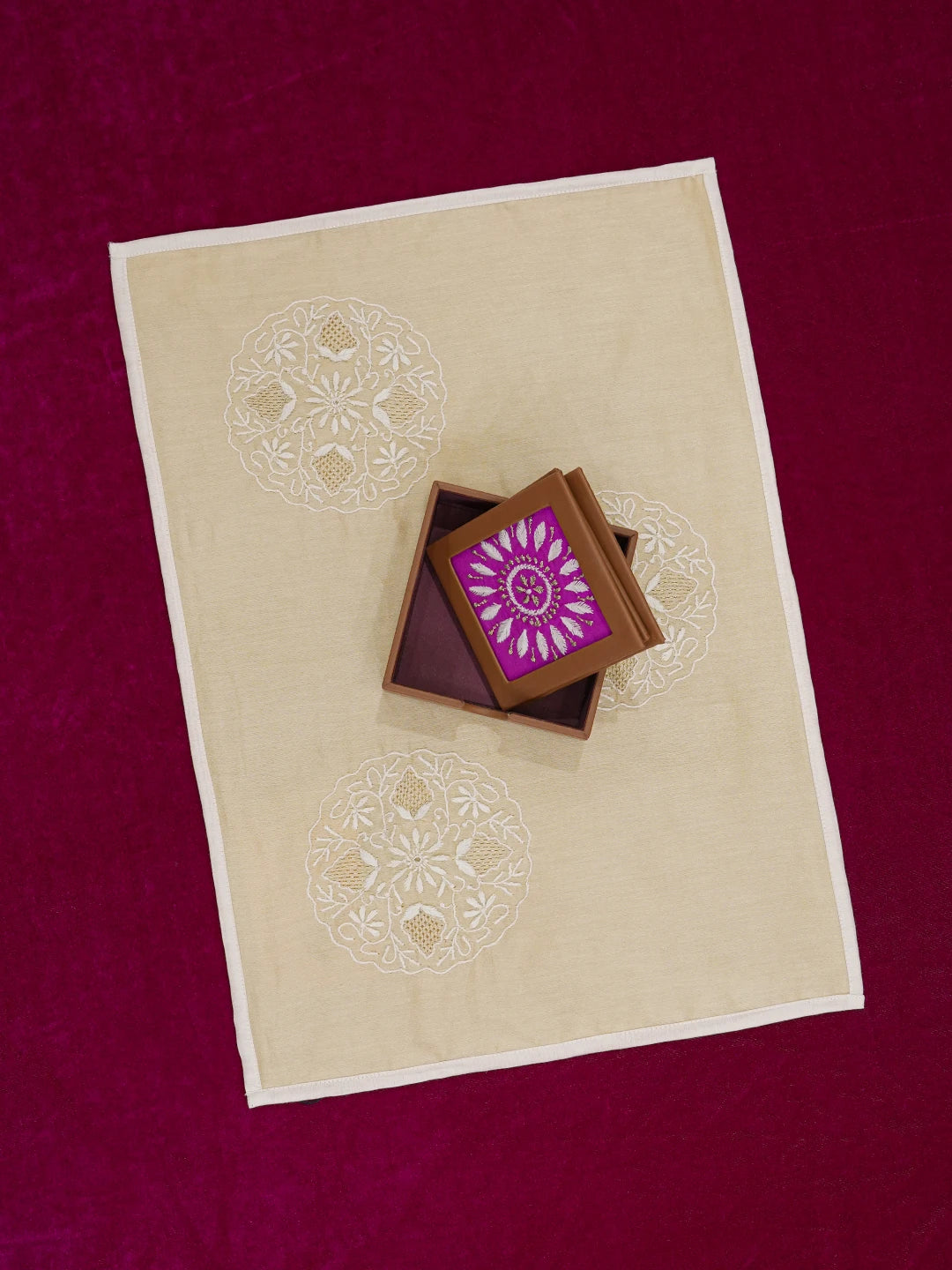 Ada Hand Embroidered Fawn Chanderi Lucknowi Chikankari Dining Table Placemat With Zari Work 01A629976