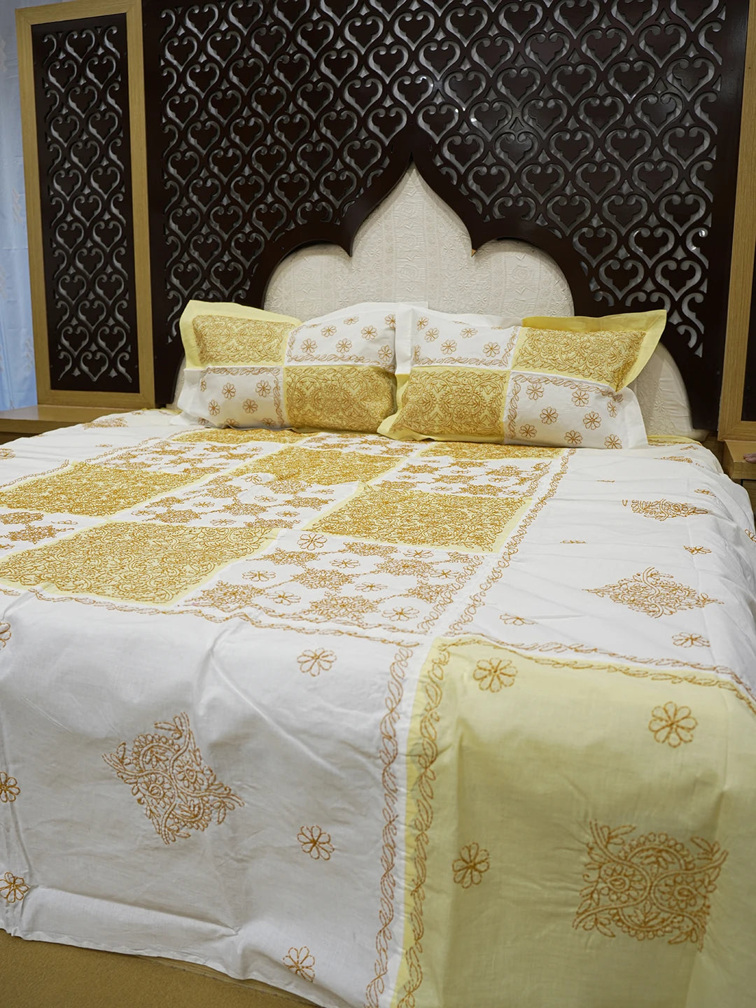 Ada Hand Embroidered White And Yellow Cotton Lucknowi Chikankari Bed Sheet With Pillow Cover Set 01A483962