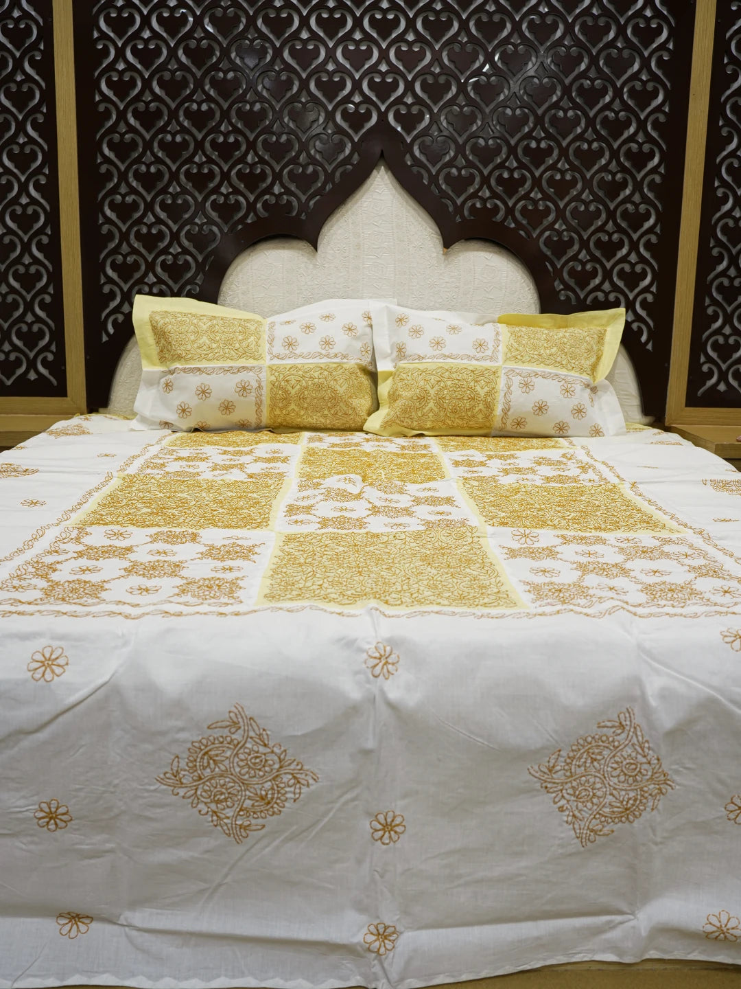 Ada Hand Embroidered White And Yellow Cotton Lucknowi Chikankari Bed Sheet With Pillow Cover Set 01A483962