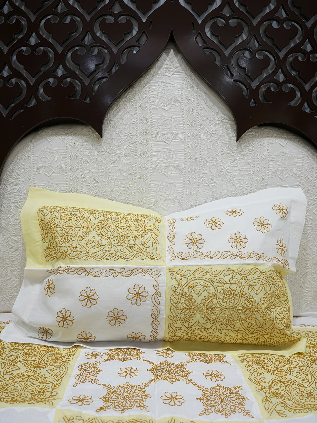 Ada Hand Embroidered White And Yellow Cotton Lucknowi Chikankari Bed Sheet With Pillow Cover Set 01A483962