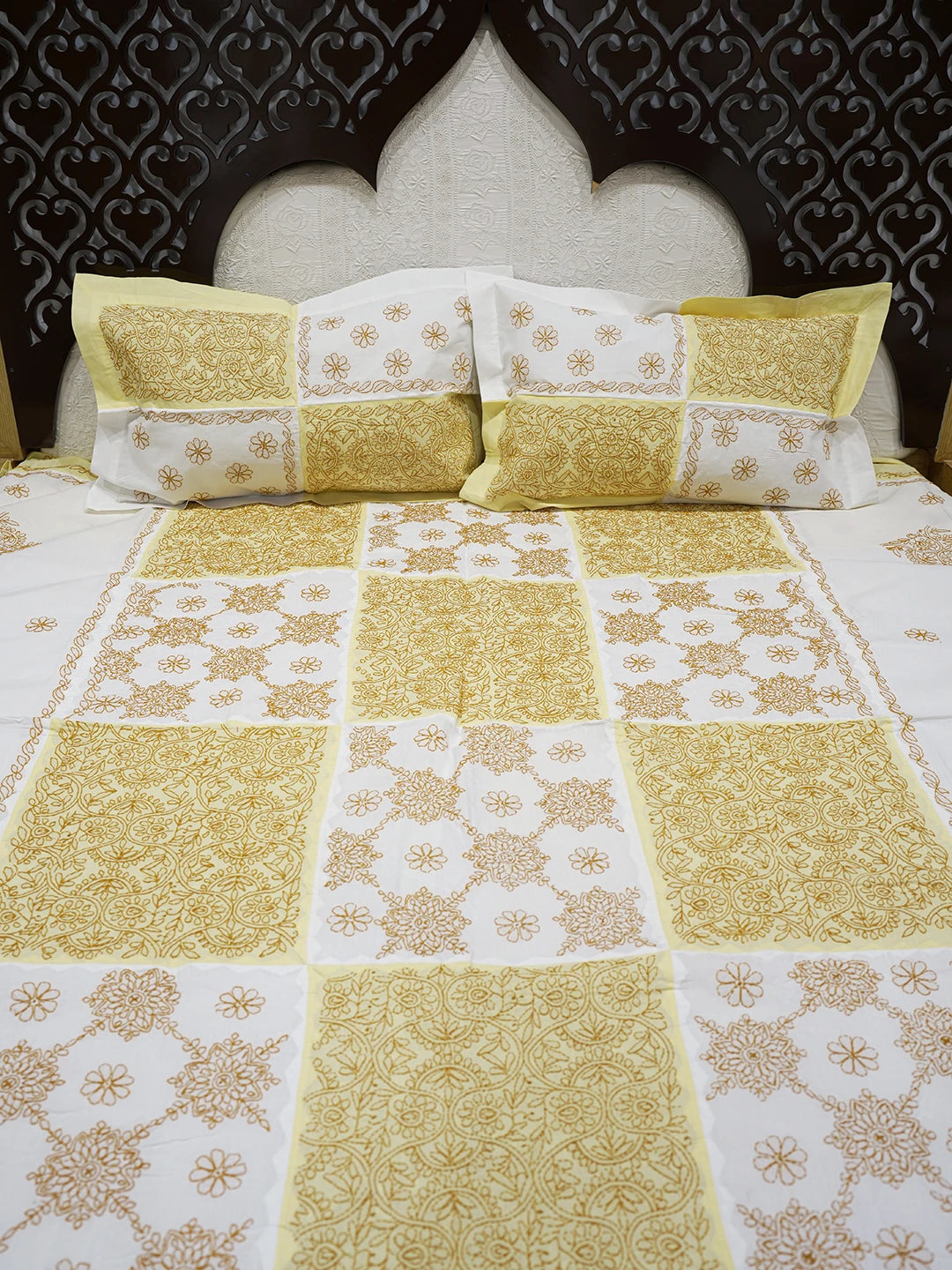 Ada Hand Embroidered White And Yellow Cotton Lucknowi Chikankari Bed Sheet With Pillow Cover Set 01A483962