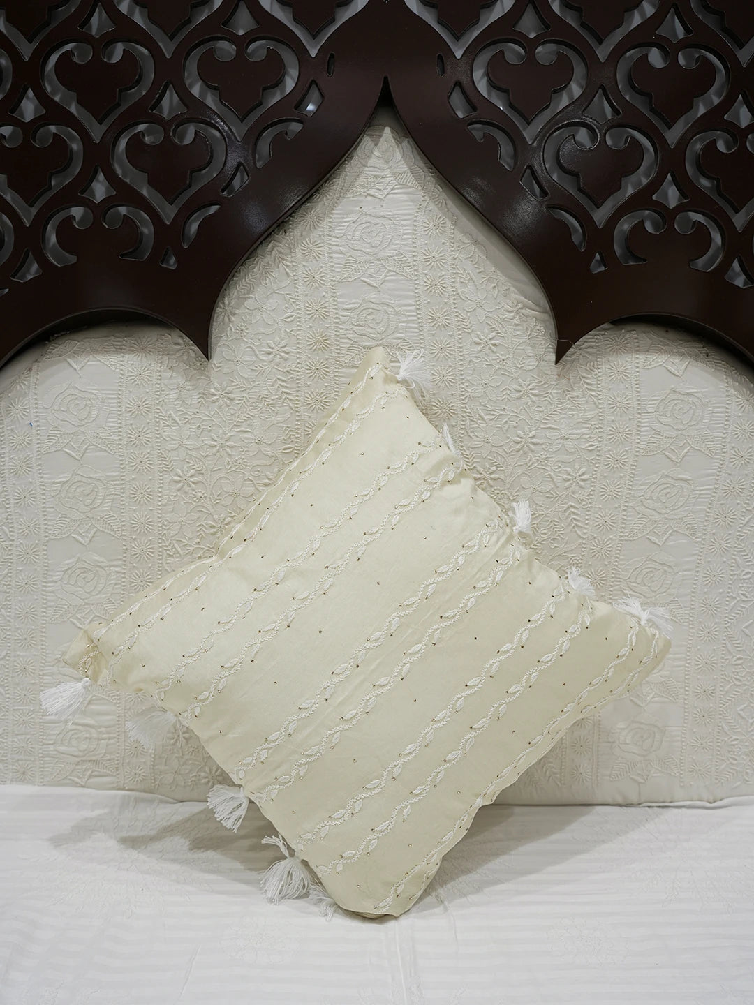 Ada Hand Embroidered Beige Chanderi Lucknowi Chikankari Cushion Cover With Mukaish Work 01A630904